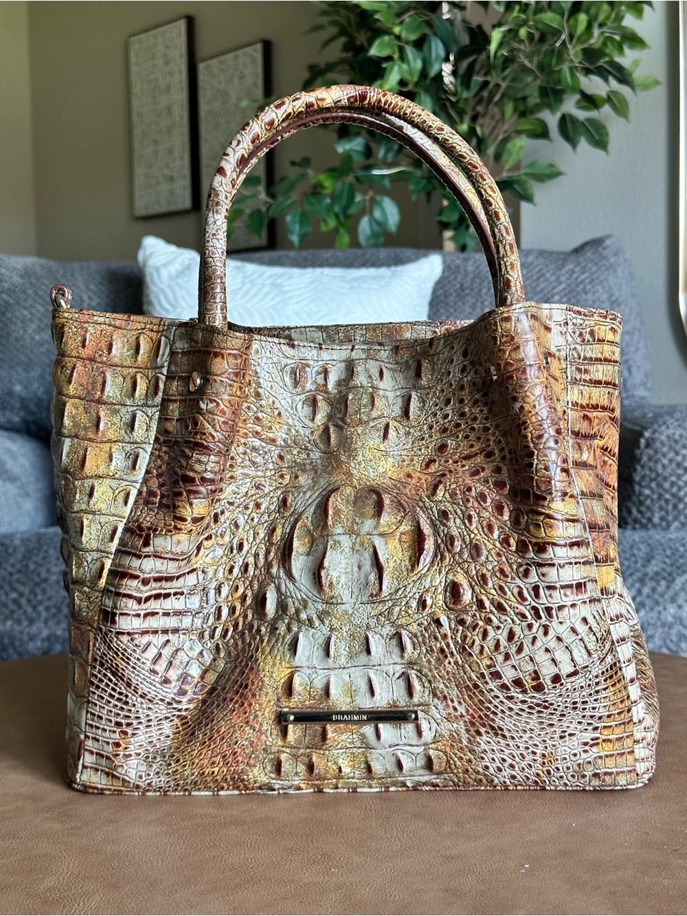 NWT Exclusive Brahmin Metallic Gold & Brown Croc-Embossed Tote
